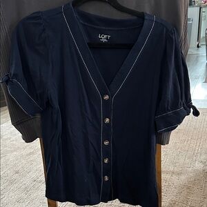 LOFT Dark Blue Button-Down Top with Tie Sleeves